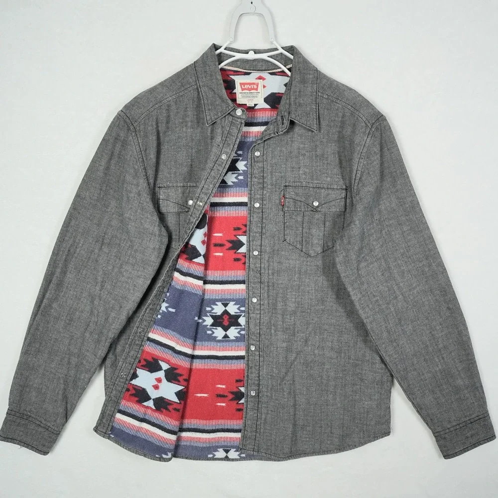 Levis Mens Gray‎ Pearl Snap Western Shirt Southwestern Lined 3LDLW105 Large